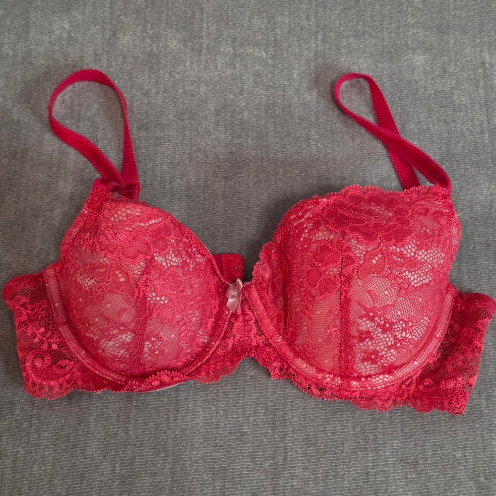 Victoria's Secret Womens Dream Angels Lined Demi Lace Bra Red Pink 34B Romantic